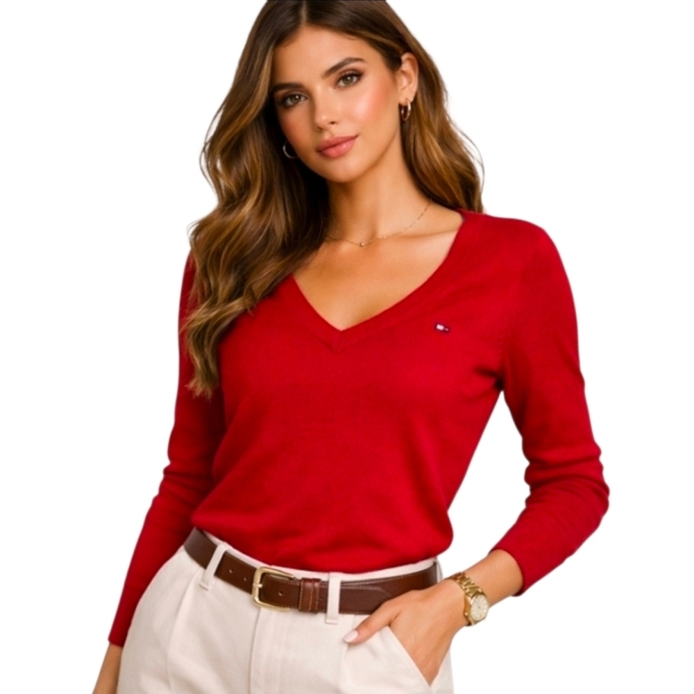 Tommy Hilfiger Red V-Neck Knit Pullover Classic Logo S/P - Picture 9 of 11
